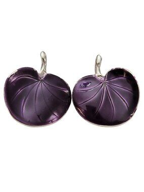 Pastelli Silver Tone Purple Enamel Lotus Water Lily Leaf Clip-On Earrings, K242